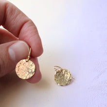 Load image into Gallery viewer, Hammered Gold Earrings, Simple Gold Earrings, everyday earrings, textured gold earrings, gold circle earrings, gold dangle earrings